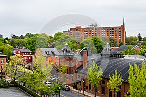 Aerial of historic downtown Lancaster, Pennsylvania with blooming trees