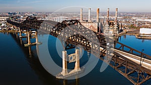 Aerial of Historic Pulaski Skyway + Rusty Power Plant - US Route 1 and 9 - Passaic + Hackensack Rivers - Newark, New Jersey