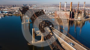 Aerial of Historic Pulaski Skyway + Rusty Power Plant - US Route 1 and 9 - Passaic + Hackensack Rivers - Newark, New Jersey