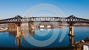 Aerial of Historic Pulaski Skyway + Rusty Power Plant - US Route 1 and 9 - Passaic + Hackensack Rivers - Newark, New Jersey