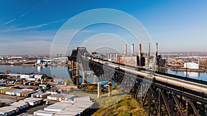 Aerial of Historic Pulaski Skyway + Rusty Power Plant - US Route 1 and 9 - Passaic + Hackensack Rivers - Newark, New Jersey