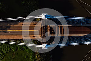 Aerial of Historic Wheeling Suspension Bridge Cables + Deck - Ohio River - Wheeling, West Virginia