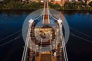 Aerial of Historic Wheeling Suspension Bridge - Ohio River - Wheeling, West Virginia
