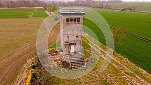 Aerial of the historical border tower of the GDR, a watchtower near Bleckede, Lower Saxony, Germany.