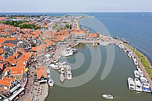 Aerial from the historical city Volendam in Noord Holland the Netherlands