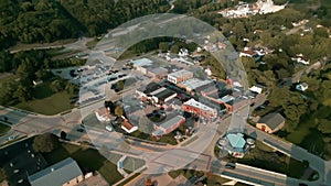 Aerial of homes in small town in USA during dramatic light.