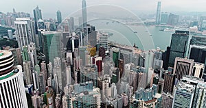 AERIAL. Hong Kong skyline. Hongkong hdr aerial cityscape with sunset sun. Amazing panorama of buildings and sky