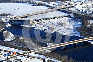 Aerial hydroelectric dam Chippewa Falls Wisconsin