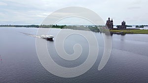 Aerial: A hydrofoil transports tourists along Lake Onega at high speed