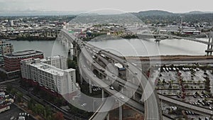 Aerial hyper lapse of Portland highway and bridge