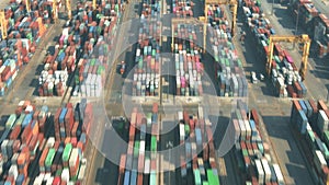 Aerial hyperlapse of a busy seaport container yard