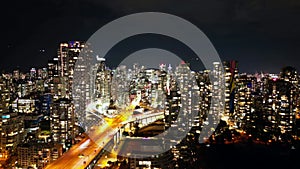 Aerial hyperlapse on downtown of Vancouver at night