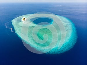 Aerial idyllic atoll, scenic travel destination Maldives Polinesia. Blue lagoon and turquoise coral reef. Shot in Wakatobi