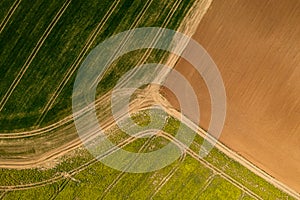 Letecký snímek zemědělské oblasti s různými kulturami a barvami.