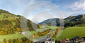 Aerial image of Aurach valley in colorful autumn season with Wilder Kaiser mountain