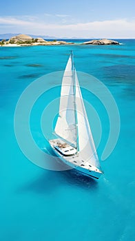 Aerial image of beautiful sailboat cruising in blue open ocean. Luxury white yacht. Generative AI