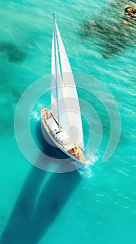 Aerial image of beautiful sailboat cruising in blue open ocean. Luxury white yacht. Generative AI