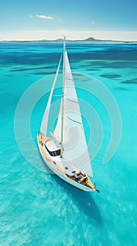 Aerial image of beautiful sailboat cruising in blue open ocean. Luxury white yacht. Generative AI