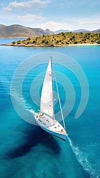 Aerial image of beautiful sailboat cruising in blue open ocean. Luxury white yacht. Generative AI