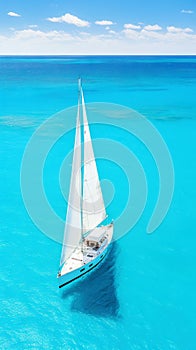 Aerial image of beautiful sailboat cruising in blue open ocean. Luxury white yacht. Generative AI