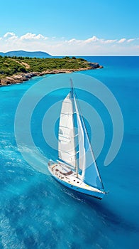 Aerial image of beautiful sailboat cruising in blue open ocean. Luxury white yacht. Generative AI