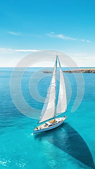 Aerial image of beautiful sailboat cruising in blue open ocean. Luxury white yacht. Generative AI