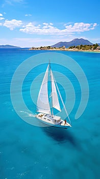 Aerial image of beautiful sailboat cruising in blue open ocean. Luxury white yacht. Generative AI