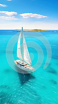 Aerial image of beautiful sailboat cruising in blue open ocean. Luxury white yacht. Generative AI