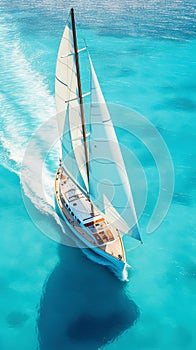 Aerial image of beautiful sailboat cruising in blue open ocean. Luxury white yacht. Generative AI