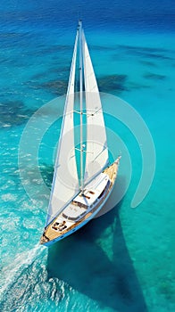 Aerial image of beautiful sailboat cruising in blue open ocean. Luxury white yacht. Generative AI