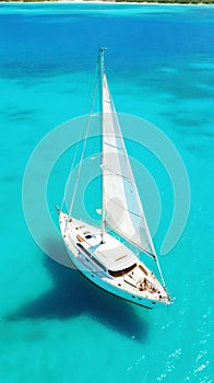 Aerial image of beautiful sailboat cruising in blue open ocean. Luxury white yacht. Generative AI