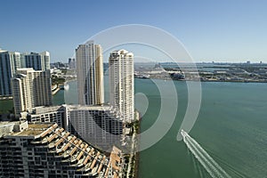 Aerial image of Brickell Miami and port, bay and boat