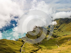 Aerial image of the Brienzer Rothorn steam train ascending