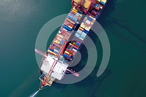 aerial image of a cargo ship plying the seas transporting containers internationally. Ai generative