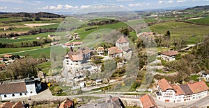 Aerial image of Castle of Rue built in 12th century and the town