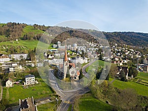 Aerial image of the Catholic church St. Michael in the old city Zug, Switzerland