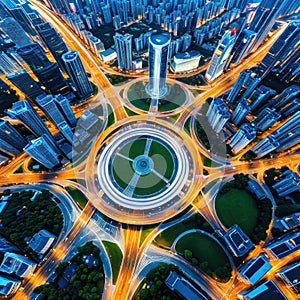 aerial image of a circle roundabout road in an Asian metropolis carrying aerial drone view flying in a circle at a