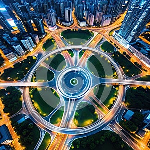 aerial image of a circle roundabout road in an Asian metropolis carrying aerial drone view flying in a circle at a