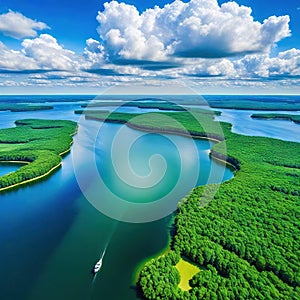 Aerial image of clouds and lush islands on a lovely summer Masurian Lake