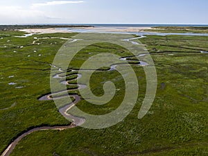 Aerial image of dutch national park the slufter with curving rivers in grass land towards the north sea on the island of Texel