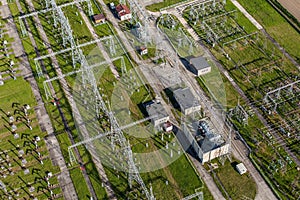 Aerial image of electrical substation featuring wires, transform