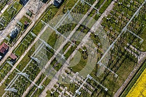 Aerial image of electrical substation featuring wires, transform