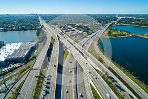 Aerial image highway interchange daytime motion blur cars