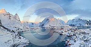 Aerial image of the iconic scene of Lofoten Islands at the sunrise time, Norway