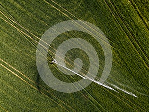 Aerial image of a lush green field being irrigated