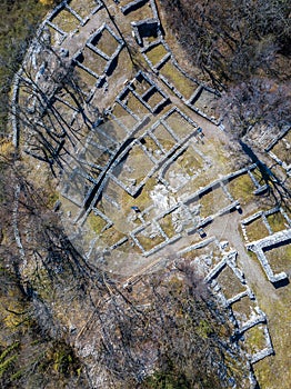 Aerial image of a mediaeval settlement ruin site, Tremona, Switzerland