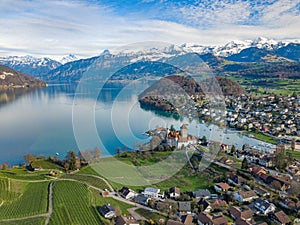 Aerial image of the medieaval castle Spiez on the Thun Lake, photo