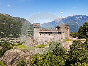 Aerial image of the medieval castle Castello Sasso Corbaro