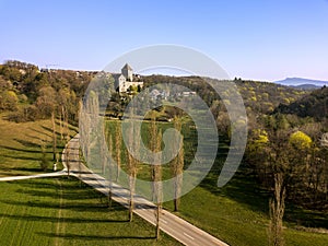 Aerial image of the medieval castle Herblingen in Schaffhausen, Switzerland