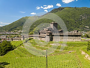 Aerial image of the medieval castle Montebello, Bellinzona